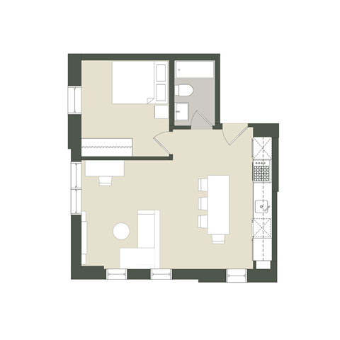 Floor plan for 1 bed, 1 bath, 519 sqft